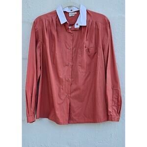 Vintage 90s Shirt Womens‎ Large 44 Coral Pleated Button Up Retro Twee Preppy Top